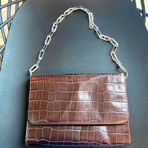 Brown Croc Embossed Clutch with Chain Strap